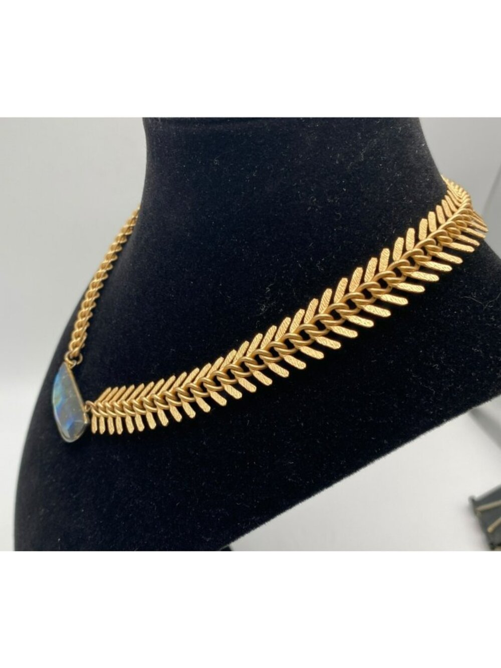 Swara Labradorite Necklace Fishbone Artisan Handmade Brass 14k Gold Plated - Picture 5 of 7